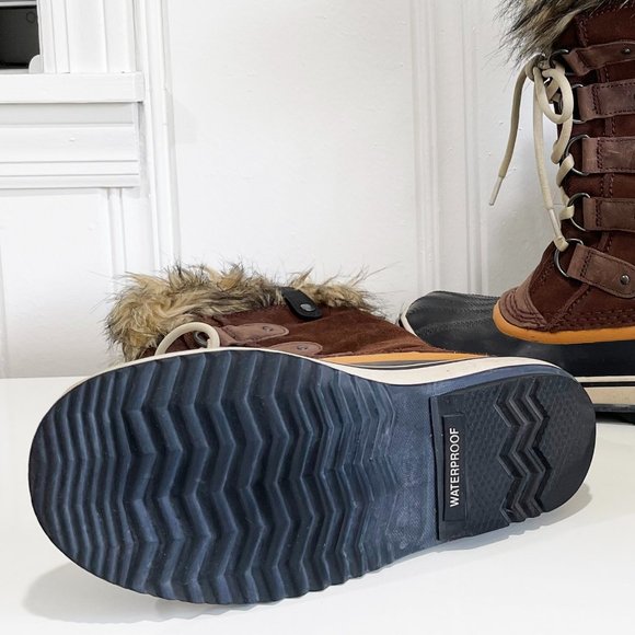 😍 SOREL WOMAN JOAN OF ARCTIC SNOW BOOTS BORWN WATERPROOF SUEDE FAUX FUR TOP 😘 - Picture 11 of 13